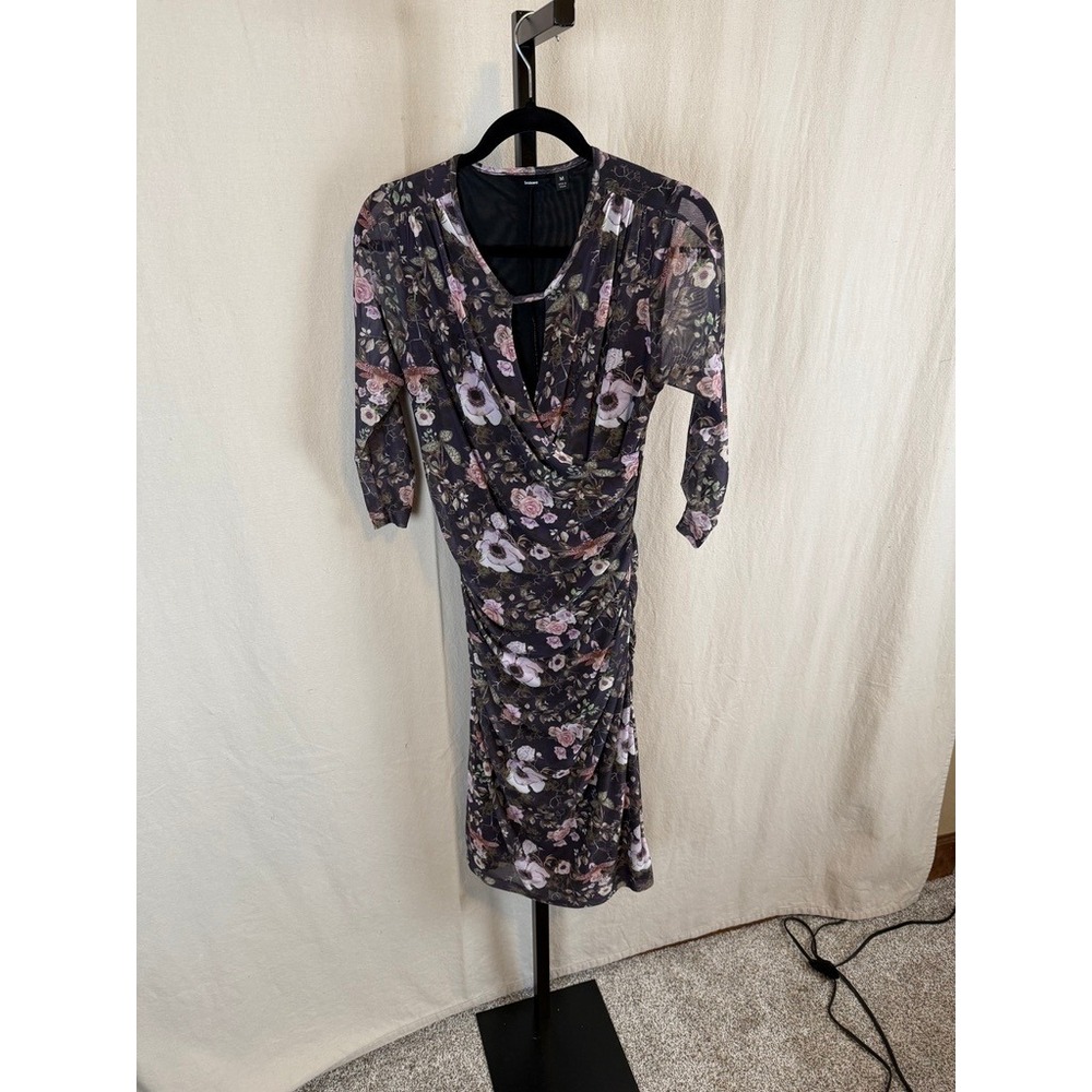 Betabrand Floral Mesh Ruched Midi Dress Women's Size M Dark Romance